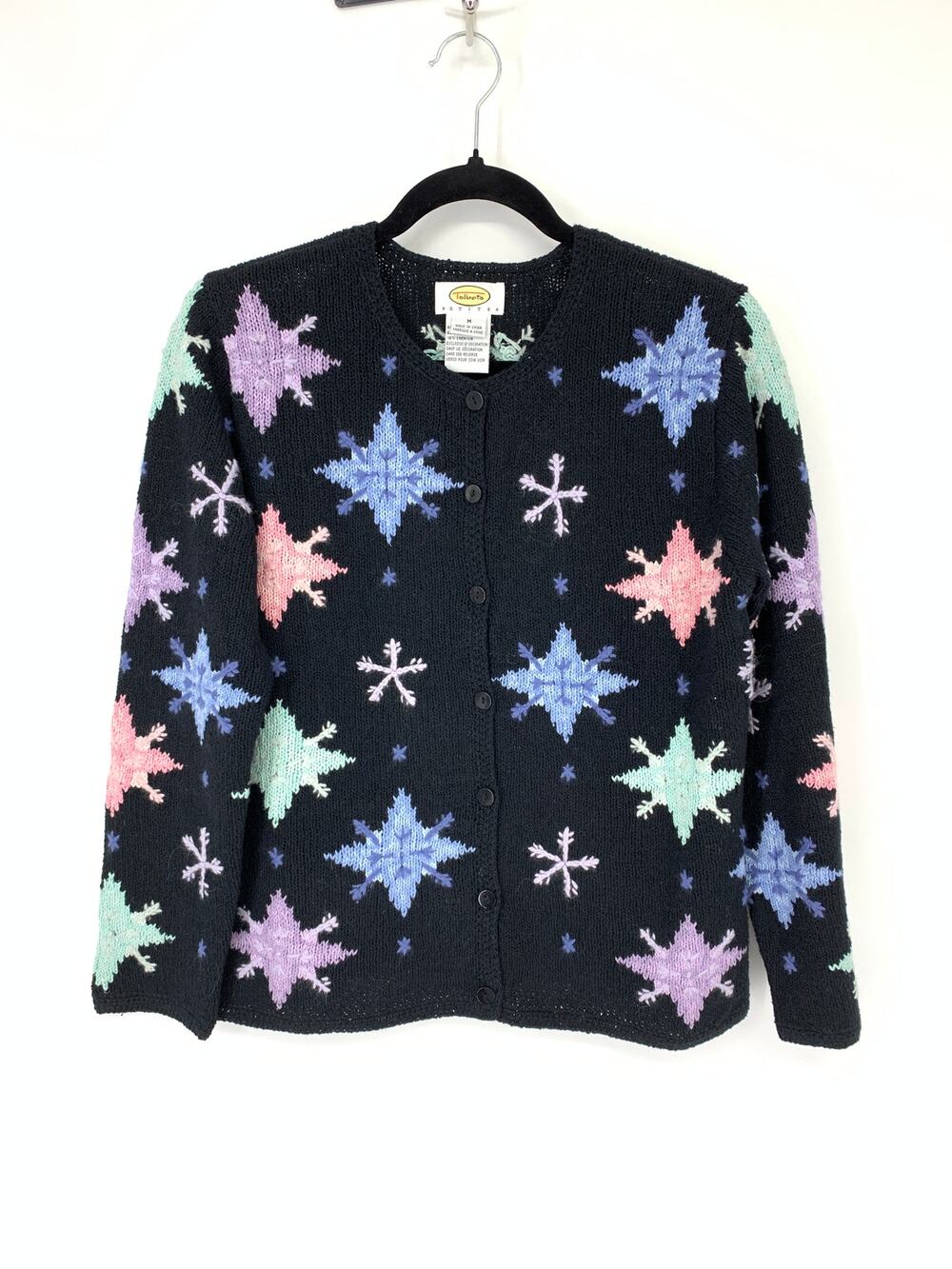 Talbots Petites Size MP Snowflake Print Button Front Cardigan Sweater Black Pink